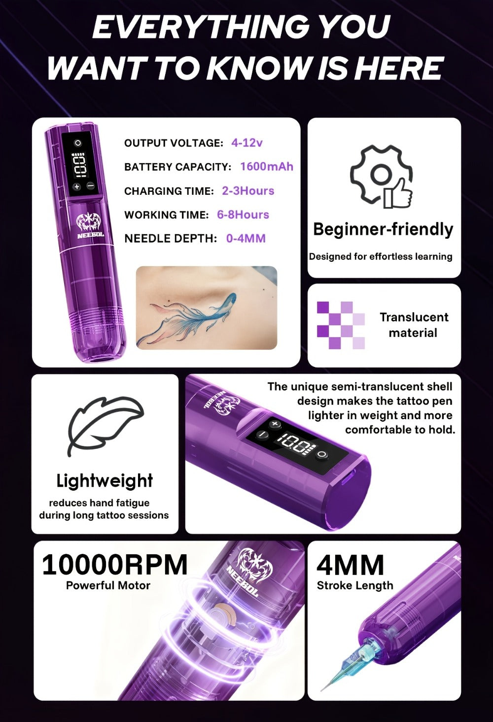Neebol Tattoo Machine Kit Complete Set, Cordless Tattoo Pen with Screen Display, 6-8 Hours Battery, Wireless Rotary Tattoo Gun Set, 10/20 Tattoo Cartridge Needles, 7 Tattoo Inks, Full Tattoo Supplies for Beginners And Artists, Body Art Makeup Gift