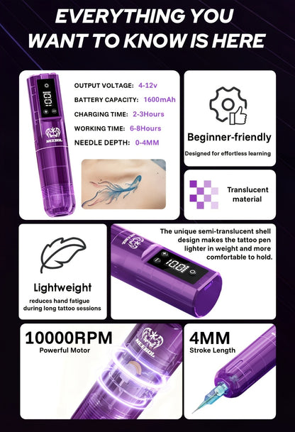 Rotary Tattoo Machine Kit Cordless Complete Set - Wireless Tattoo Pen Screen Display 6-8Hr Battery 20 Needles 7 Inks Full Supplies Beginners & Artists