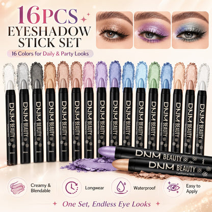 Eyeshadow Stick Set 16 Colors Highly Pigmented Waterproof Matte & Shimmer Eye Makeup Pencil Kit - Blendable Crease-Proof Long-Lasting Eye Crayon for Women Beginners Daily & Glam Looks