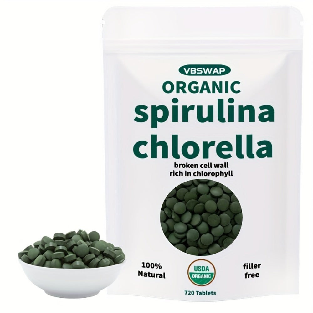 Organic Chlorella Spirulina Tablets, 720 Counts, 4 Months Supply, 50/50 Blend Superfood, No Filler, No Additives, Cracked Cell Wall, Rich In Vegan Protein, And Easy to Swallow.nutritional Supplement for