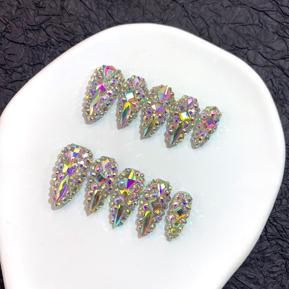 Fake Nails Almond Shape 10pcs Medium Length Glitter Strobe Color Block AB Crystal Rhinestone Press On Nails Kit with Nail File Cuticle Stick Sticker Pad for Party Wedding Date Everyday Wear S M L