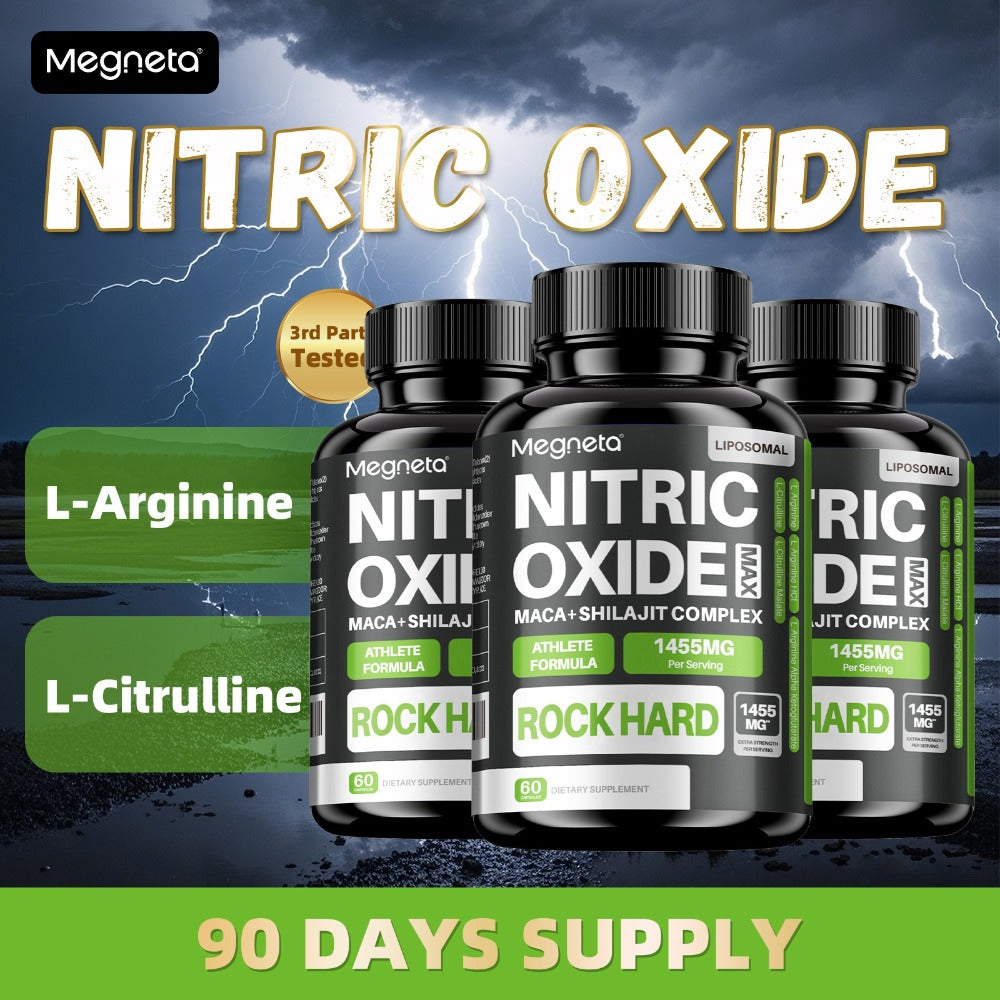 Megneta Nitric Oxide, Men's Vitality Supplement for Energy and Focus, Healthy Blood Flow, Cardiovascular Health, with L Arginine & L Citrulline - 60 capsules