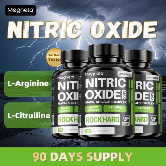 Megneta Nitric Oxide, Men's Vitality Supplement for Energy and Focus, Healthy Blood Flow, Cardiovascular Health, with L Arginine & L Citrulline - 60 capsules