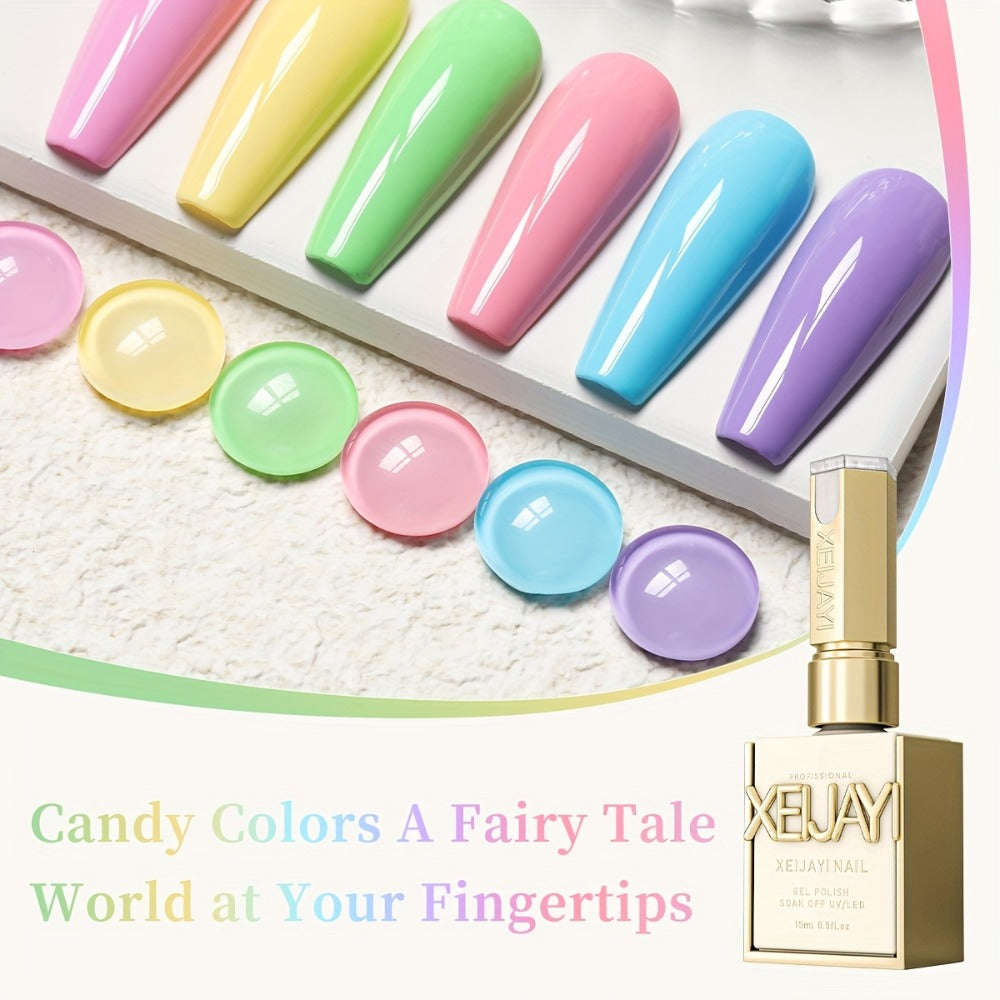 XEIJAYI Sweetheart Candy Series Gel Nail Polish Set, Featuring 6 Vibrant Colors with a Glossy LED End. This Long-Lasting, Salon-Quality Nail Art Collection Is Perfect for Spring And Summer, Easy to Apply, Non-Toxic