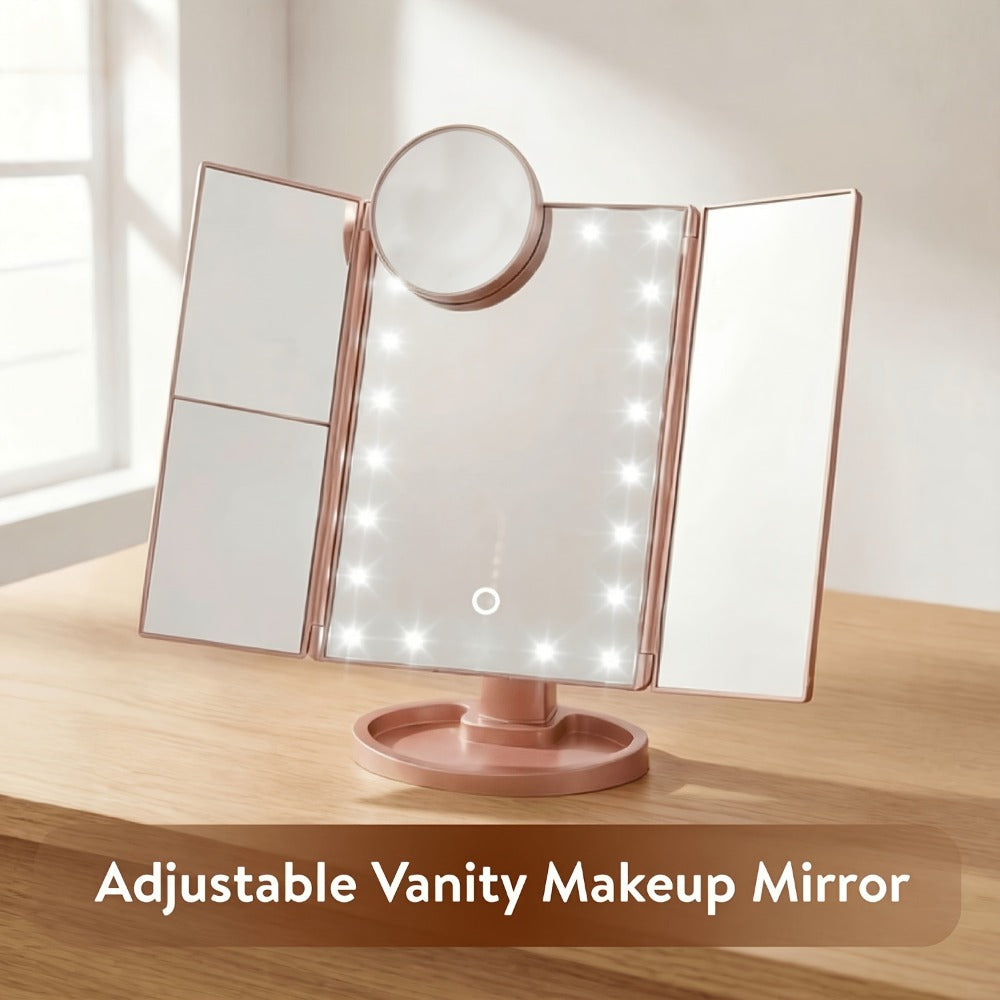 Makeup Mirror, Tri-Fold Lighted Adjustable Vanity Makeup Mirror with 21 LED Lights, Touch Screen And 3X/2X/1X Magnification (Free 10X Mini Mirror Included), Two Power Supply Modes, 360° Rotation, Ideal Gift Option (Rose Golden/White/Black)
