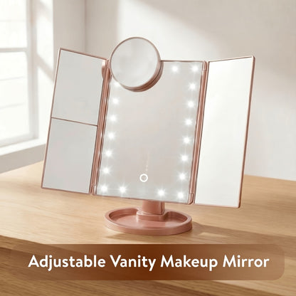 Vanity Mirror with Lights Tri-Fold 21 LED Lighted Makeup Mirror - Touch Control 1X 2X 3X 10X Magnification 360° Rotation Dual Power Trifold Tabletop Mirror