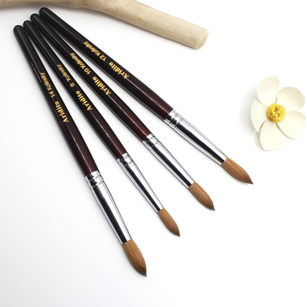 Aridito Round Head Kolinsky Acrylic Nail Art Brush Red Wine Color Wooden Handle for Professional Manicure Home Salon (Size 8 10 12 14)