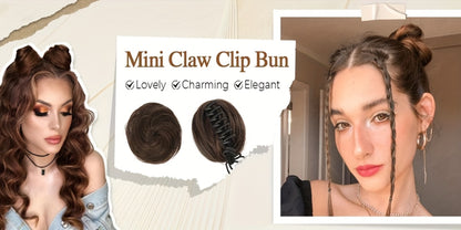 Clip In Hair Bun Extensions Mini Donut Bun with Cat Ears Messy Bun Claw Clip Hairpiece Synthetic Fiber Instant Updo Women Girls Multiple Colors 2 Pcs Set