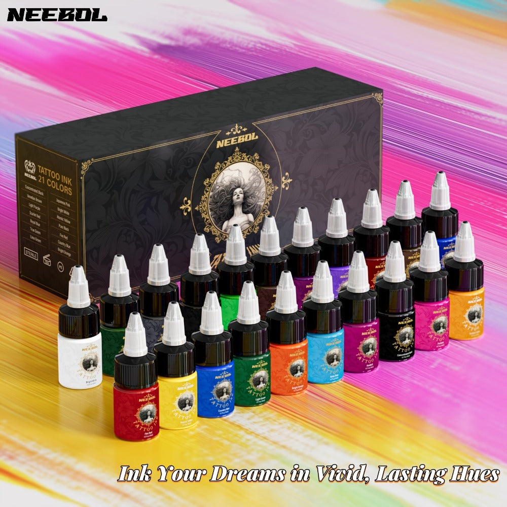 Tattoo Ink Set 14 & 21 Colors 0.5oz Per Bottle — Vibrant Long-Lasting Pigment Kit for All Tattoo Styles, Body Art & Permanent Makeup, Beginners & Professional Artists