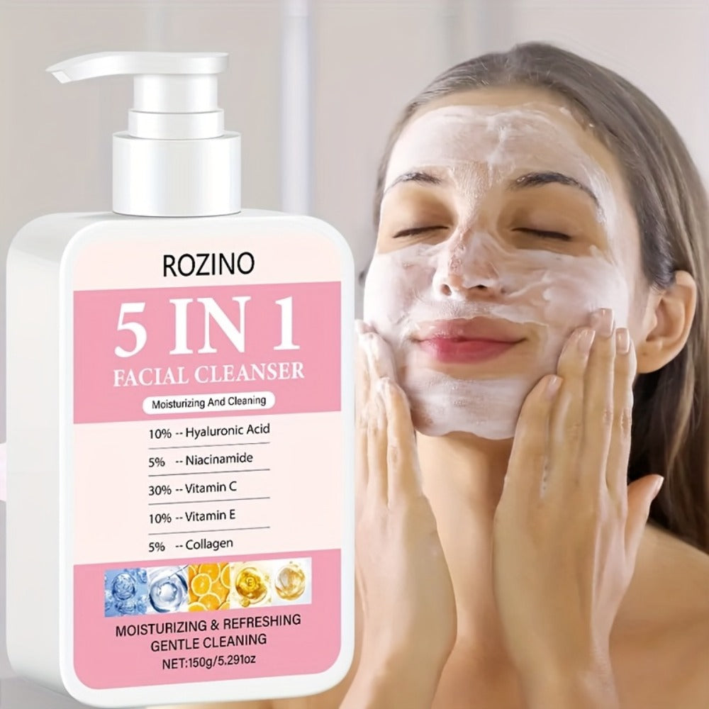 This Five-In-One Facial Cleanser Combines Hyaluronic Acid, Niacinamide, Vitamin C, Vitamin E, And Collagen to Help The Skin Bid Farewell to Dryness And Dullness, Leaving It Smooth And Delicate. Its Rich Foam Deeply Cleanses Oil And Dirt