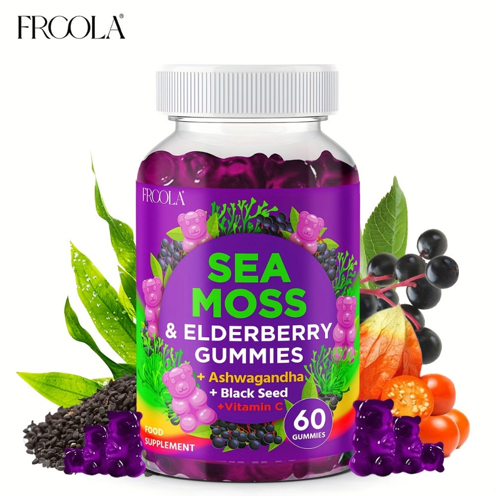 Sea Moss Gummies, with Turmeric, Ashwagandha, Sea Moss, Black Seed Oil, Ashwagandha, Ginger, Shilajit Gummies with Elderberry, Advanced Seamoss Vitamin Multi Mineral Complex Supplement Gummis for Energy, Immune- 60 Count