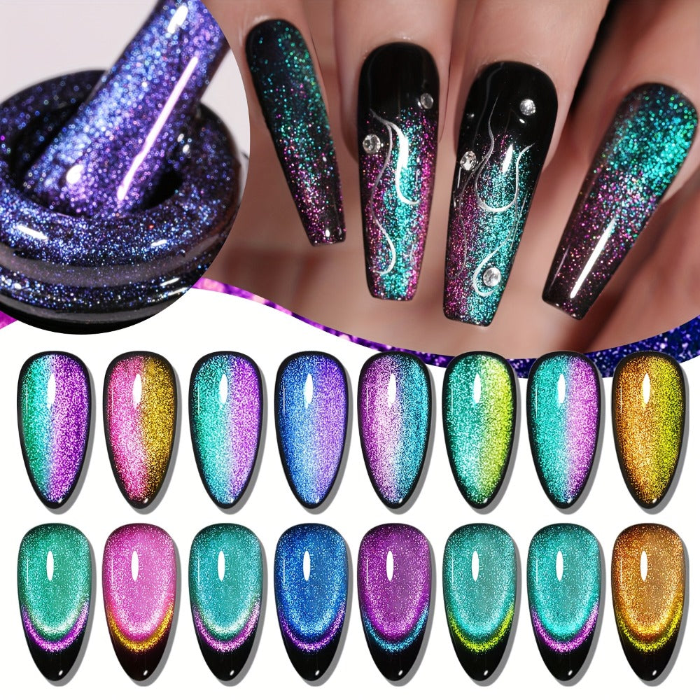 Cat Eye Nail Polish Set 8Colors 0.51oz Reflective Cat'S Eye Nail Gel Soaking LED Gel Salon Female Nail Art Tools Fashion Holographic Nail Art