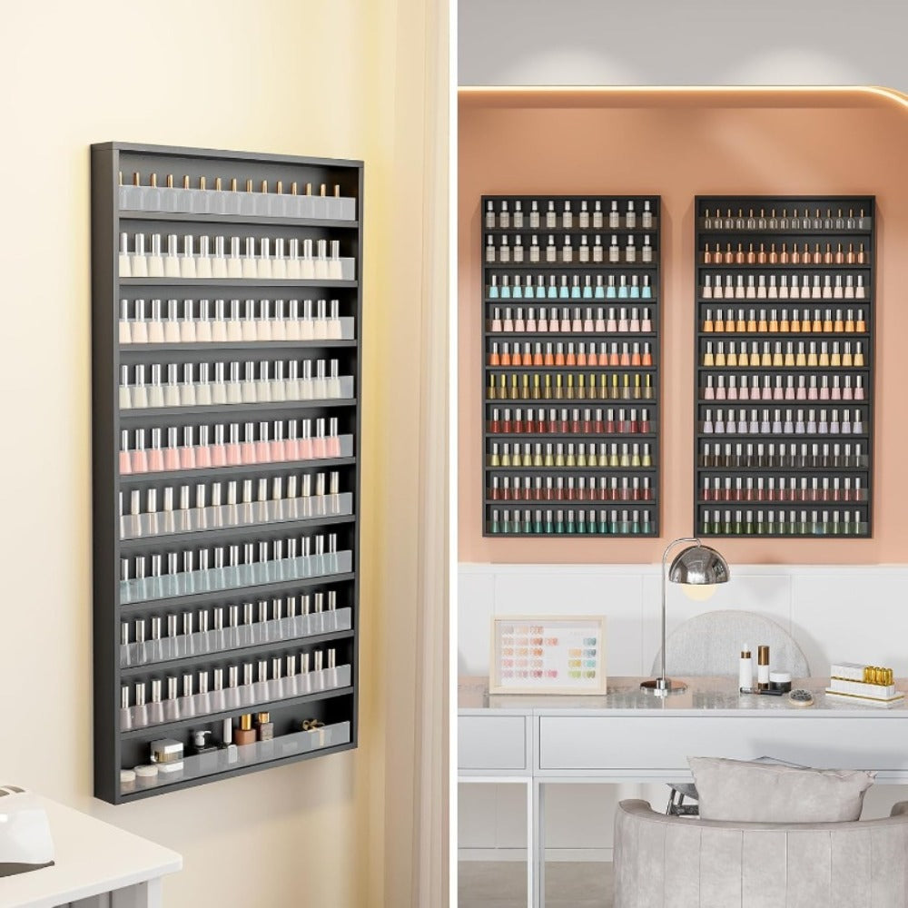 6 Layers/ 10 Layers Nail Polish Rack, Wall Mount Nail Polish Organizer W/ Acrylic Baffle, Salon Display Rack for Home Spa And Nail Studio, Pink/ White/ Black