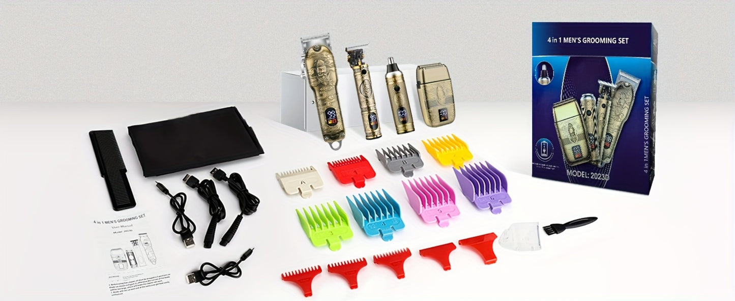 Professional Hair Clippers & Trimmer Set for Men — T-Blade Trimmer, Nose Hair Trimmer, Electric Razor, LCD Display, USB Rechargeable, Zinc Alloy Body, Ergonomic Grooming Kit
