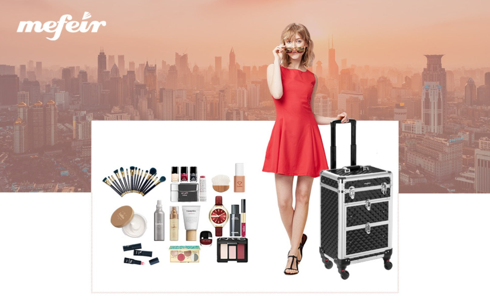 OmySalon Aluminum Rolling Makeup Train Case, Portable Makeup Organizer Suitcase, Cosmetic Storage Box, Travel Beauty Luggage Trolley Lockable W/4 Removable Wheels & 2 Sliding Drawers, Valentines Day Gift for Her (Black), Valentine's Day And Other Festival