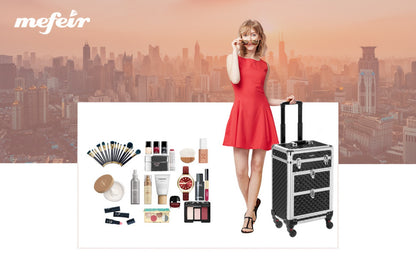 Rolling Makeup Train Case Aluminum Lockable Trolley with 4 Wheels 2 Sliding Drawers Telescopic Rod Portable Cosmetic Organizer Suitcase for Makeup Artists Salon Travel Beauty Storage Black