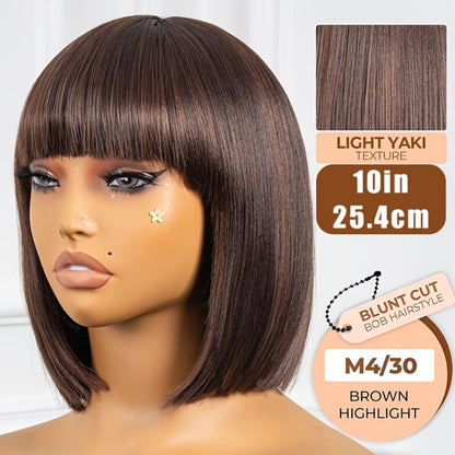 Bob Wig with Bangs for Women — 10 Inch Yaki Straight Blunt Cut, Brown Highlight M4/30, Heat Resistant Synthetic Hair, Short Natural Looking Bob, Daily Wear & Costume