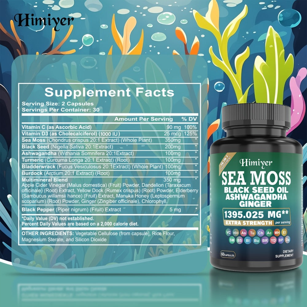 3Packs Sea Moss Capsules W/ Black Seed Oil, Ashwagandha & Turmeric - 90mg Vitamin C & D3 for Vitamin Support - Natural Supplement. Health & Energy. Sea Moss Bladderwrack Burdock Mlultimineral Blend Apple Cider Vinegar ManukaHoney Ginger...