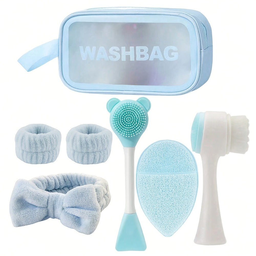 7pcs Facial Cleansing Set, Deep Cleansing Beauty SpaMask Brush Set, Soft Velvet Headband, Hair Tie Set, GentleScrub Brush, Detailing Facial Brush, Portable SkinCare Tool with Wash Bag for Women