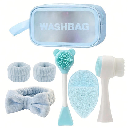 Facial Cleansing Set 7pcs — Deep Cleansing Spa Mask Brush Kit with Velvet Headband, Scrub Brush, Detailing Brush & Wash Bag, Portable Skincare Tool for Women