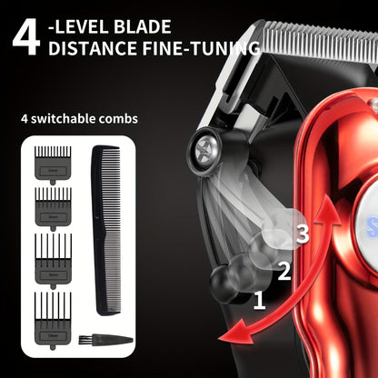 Professional Hair Clippers for Men - USB Rechargeable Electric Trimmer, LCD Display, 900mAh Battery, Limit Combs & Cleaning Brush Included, Black Red