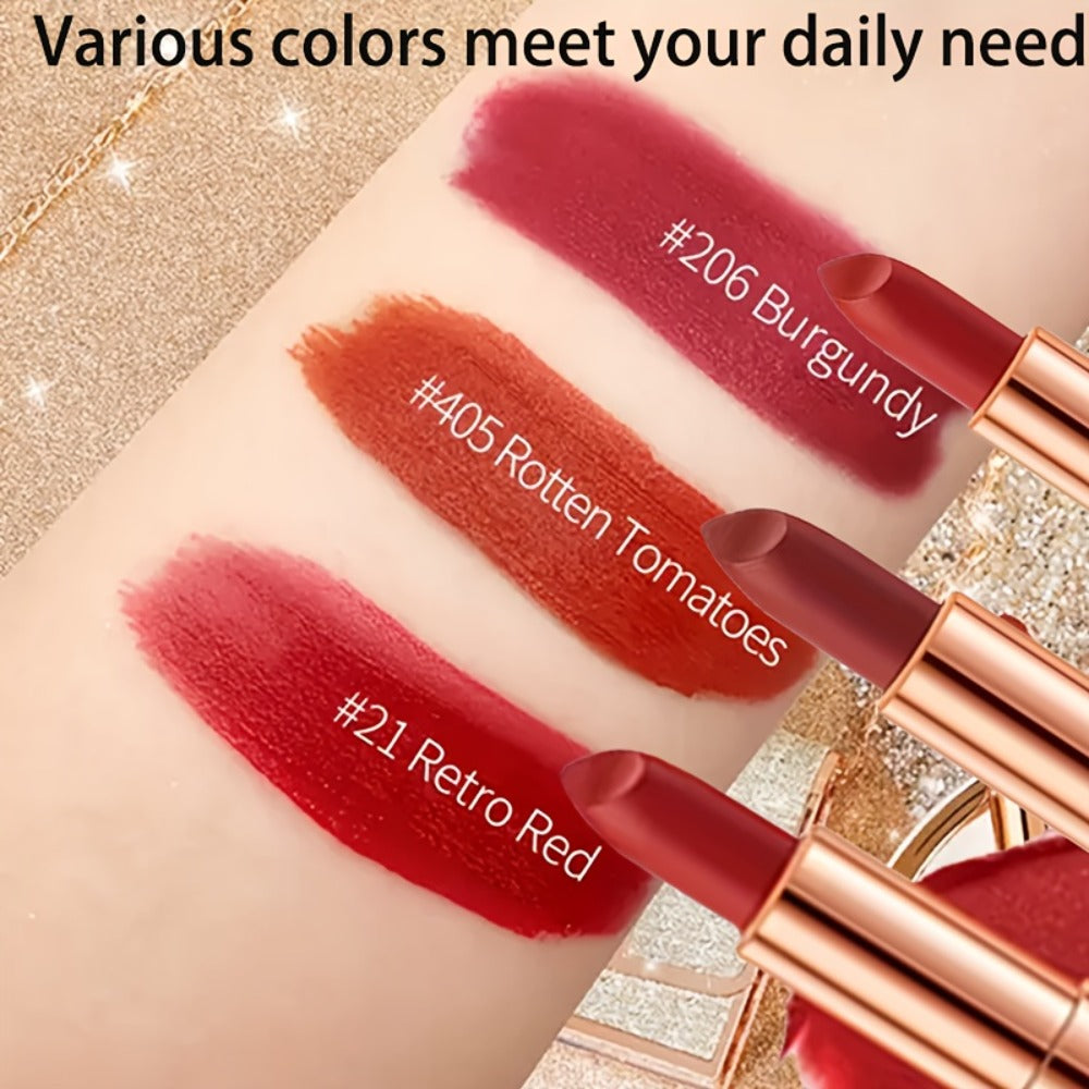 Velvet Matte Lipstick Set 3-Pack Waterproof Long-Lasting Anti-Fading Formula with Silvery Chain Bag Gift Packaging for Women