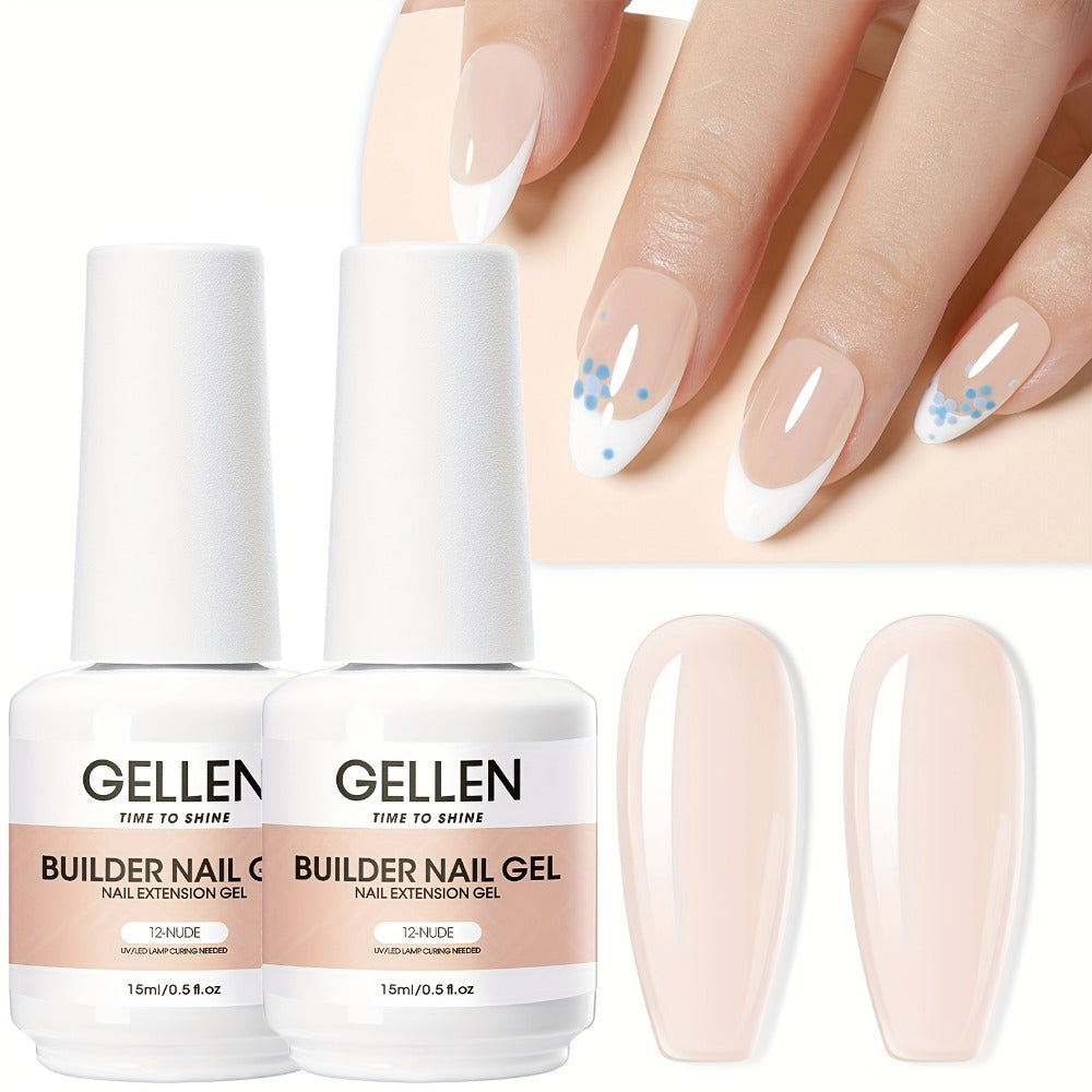 Gellen Builder for Nail Gel, 7-In-1 Clear Gel Builder for Nail Thickening 2pcs, LED for Nail Lamp Cured Hard Gel for Nail Strengthener Extension Gel Base Rhinestone for Nail Glue Gel Soak Off Gel Builder Base for Nail Art, 15Ml 0.51Fl Oz