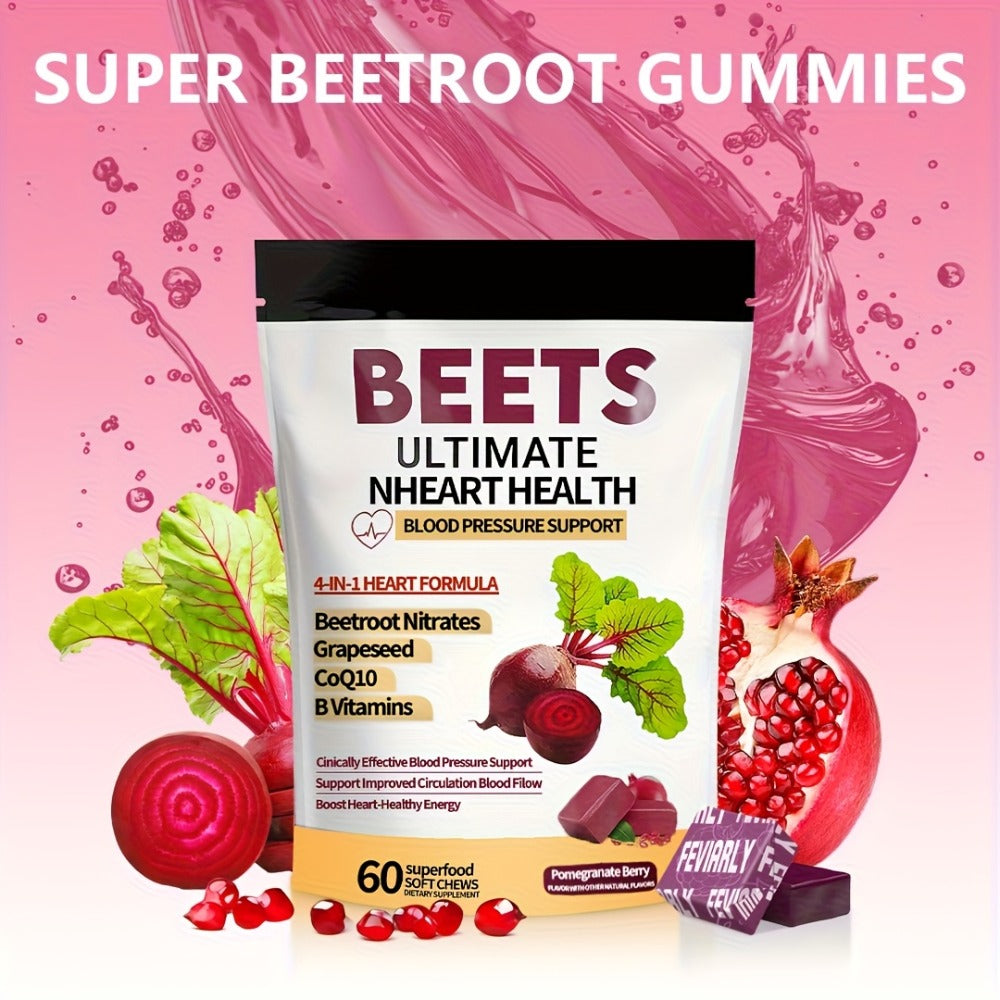 4-in-1 Super Beetroot Beetroot Chewable Gummies Support with CoQ10, Beetroot, Grapeseed, Multivitamins, Blood Pressure & Heart Health, Supplement for Circulation & Blood Flow, 60 Chewable Candies, One Month Supply
