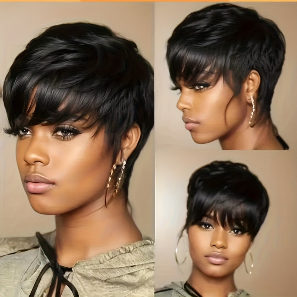 Women'S Pixie Cut Wig with Bangs, Human Hair, Straight, Non-Lace, Rose Net Cap, 180% Density, Machine Made, Glueless, Suitable for African Women - Basic Style