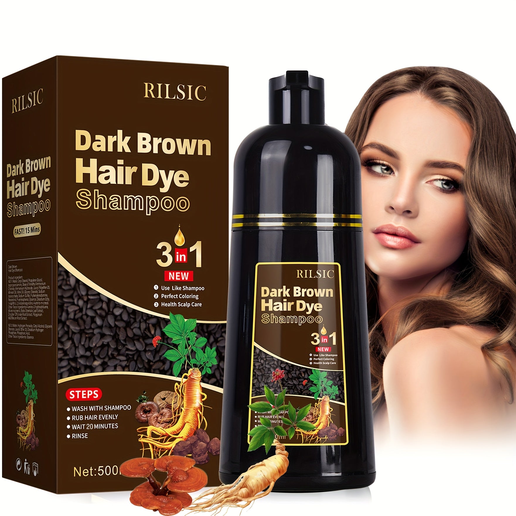 RILSIC 1pc Hair Dye Shampoo 3 IN 1 For Women & Men, Instant Hair Color, 100% Grey Hair Coverage, Plant Squalene Natural Hair Dye Coloring In Minutes (16.91oz)