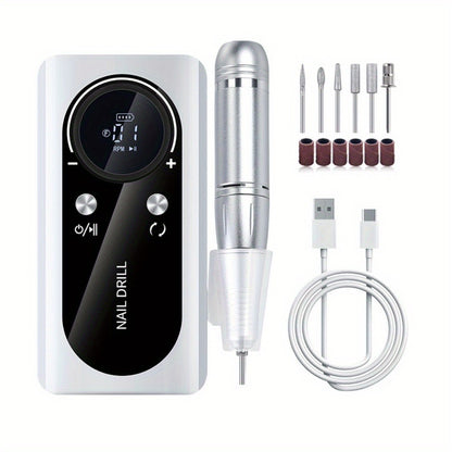 Nail Drill 45000 RPM Adjustable Speed LCD Display Cordless Electric Nail File Low Noise Manicure Machine Buffing Polishing Tool Set for Salon Home Women