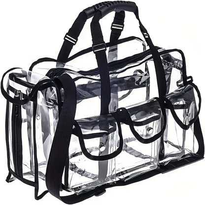 Clear PVC Bag Extra Large Transparent Stadium Approved Tote with Adjustable Shoulder Straps 3 External Pockets Travel Bag for Men Women