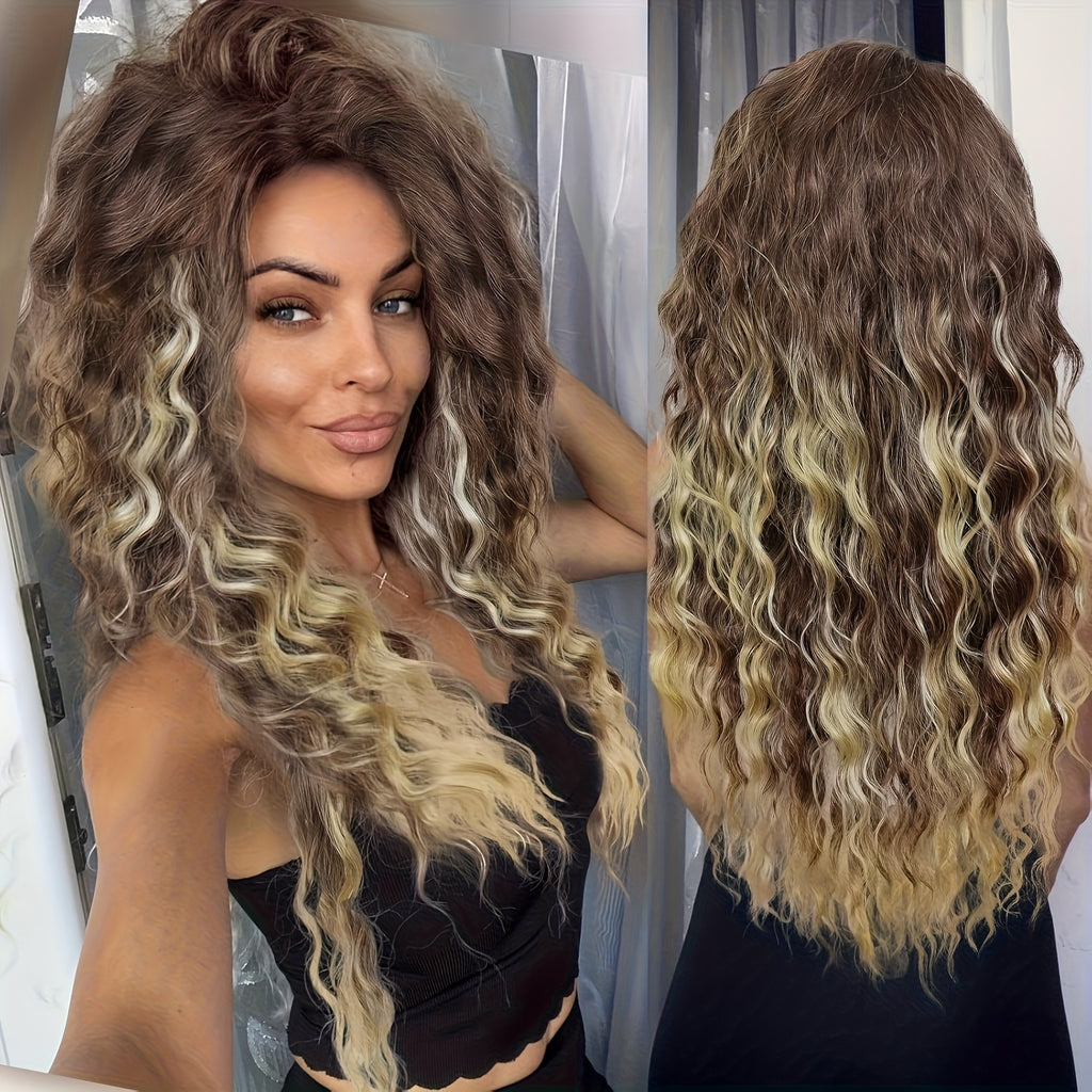 Ombre Ash Blonde Brown Curly Wig Long Wavy Middle Part Natural Looking Dark Roots Synthetic Wigs for Women 80s Halloween Carnival Party Wig Costume Party Or Daily Use 28 Inches