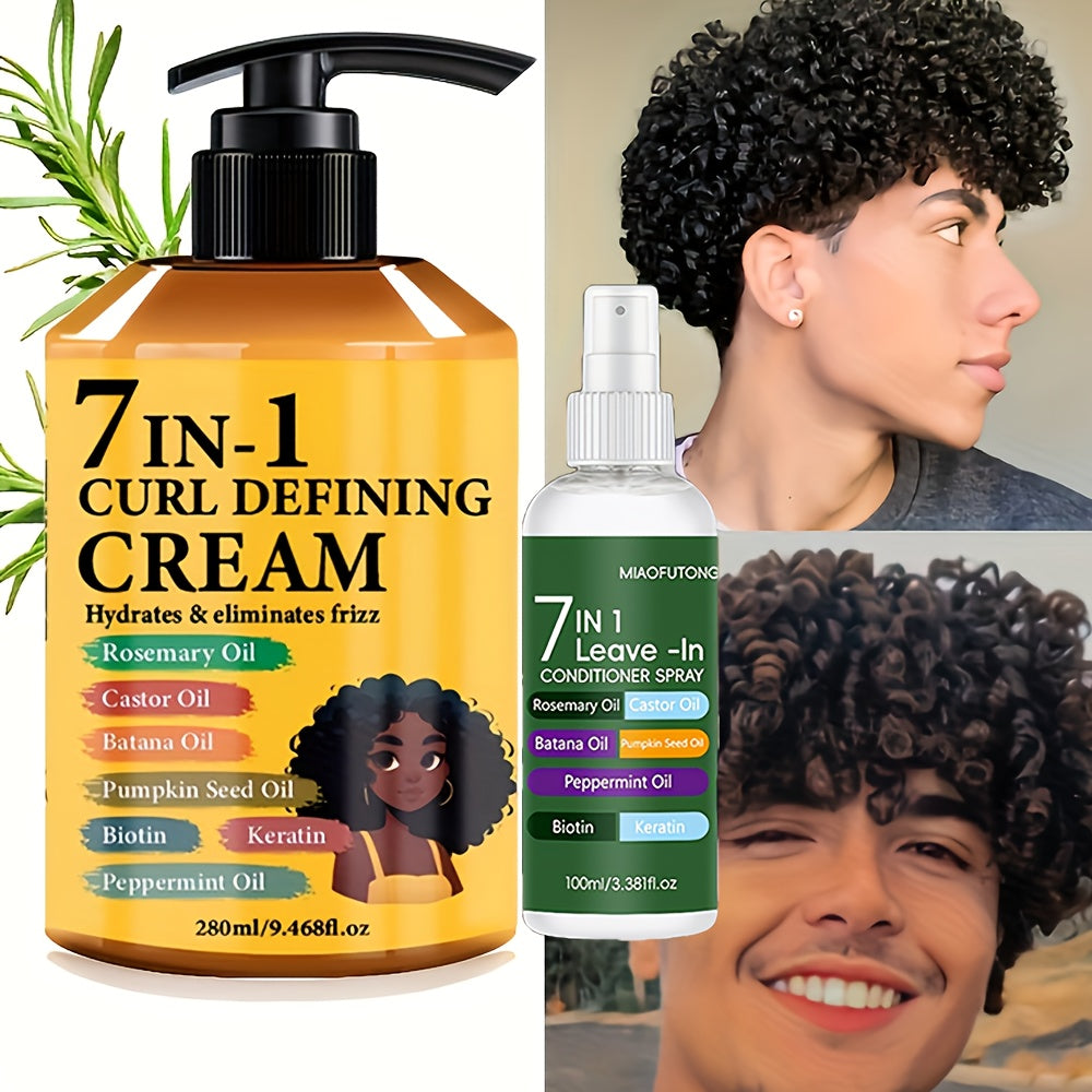 2pcs Set [Upgraded Version] 7-in-1 Hair Styling Cream 9.47oz + 7-in-1 Fragrance Leave-in Conditioner Spray 3.38oz, Containing Rosemary Oil, Castor Oil, Batana Oil, Pumpkin Seed Oil, Peppermint Oil, Biotin, Keratin.