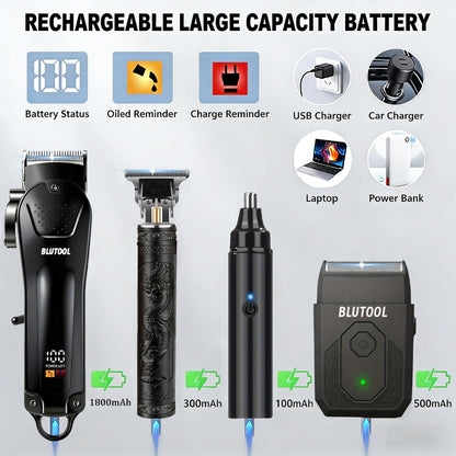 Professional Barber Clipper & Trimmer Set 4-Piece — Hair Clipper, Nose Hair Trimmer & Detail Trimmer with Guide Comb, LED Display, USB Rechargeable, Home & Travel Grooming Gift for Men