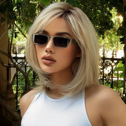 Synthetic Wig Short Straight Platinum Blonde Mixed White Golden 16 Inch Rose Net Cap Adjustable Mechanism Head Cover Women Daily Wear Costume Cosplay Lightweight