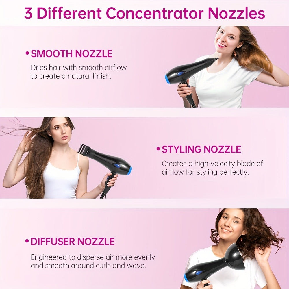 Professional Hair Dryer Set with Accessories - Brushless Motor Blow Dryer Kit with Concentrator Nozzle Comb Clip 2 Modes 3 Speeds for Home Travel Salon Black White Blue Green