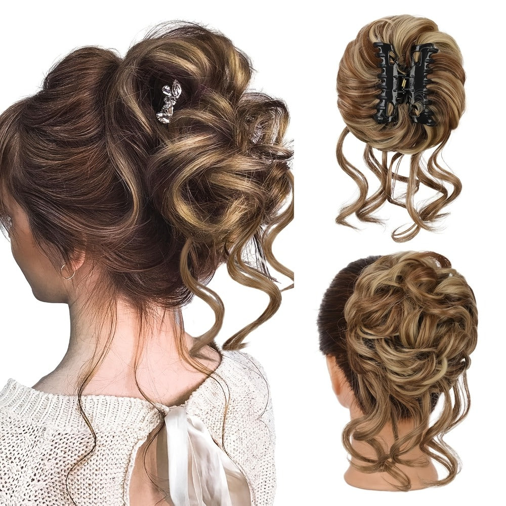 Messy Bun Hairpiece Claw Clip Curly Wavy Synthetic Hair Extension Updo for Women 6 Inch Multi-Color Easy Style No Heat Instant Bun Hair Piece