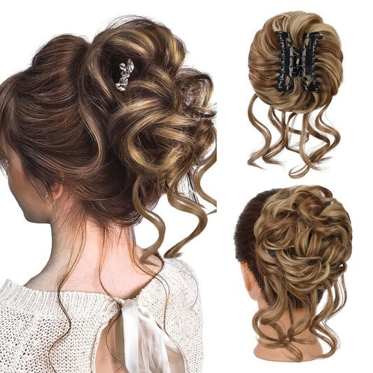 Chic Messy Bun Hairpiece for Women - Claw Clip Updo with Curly Wavy Synthetic Extensions, Versatile & Easy to Style