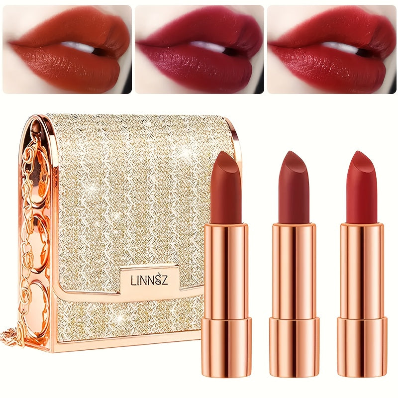 Velvet Matte Lipstick Set 3-Pack Waterproof Long-Lasting Anti-Fading Formula with Silvery Chain Bag Gift Packaging for Women