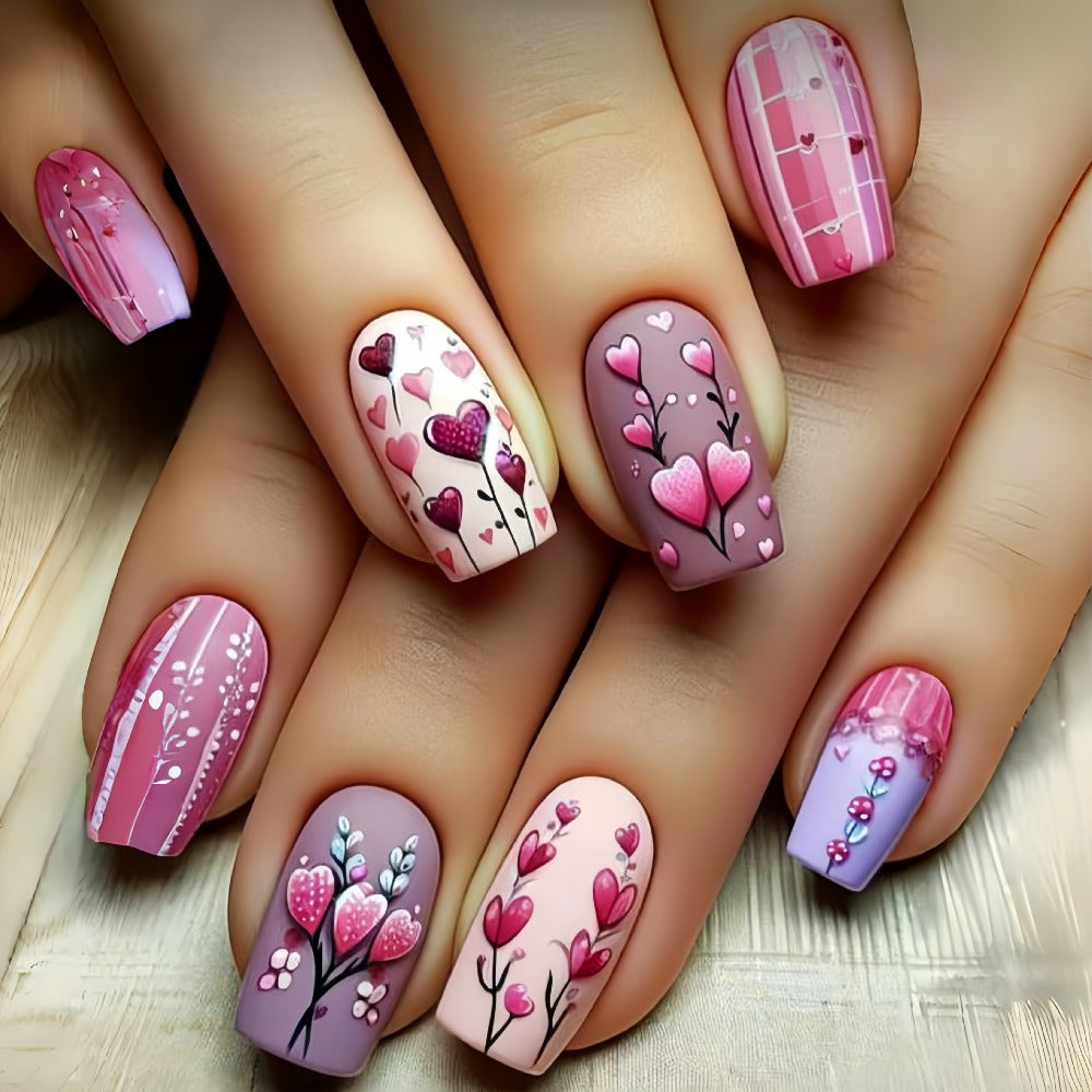 Set of 96 Almond-Shaped Press-On Nails (4 Packs) Featuring Sparkling Hearts And Glitter Details - Comes with Jelly Adhesive Tabs And a Nail File - Ideal for Valentine'S Day
