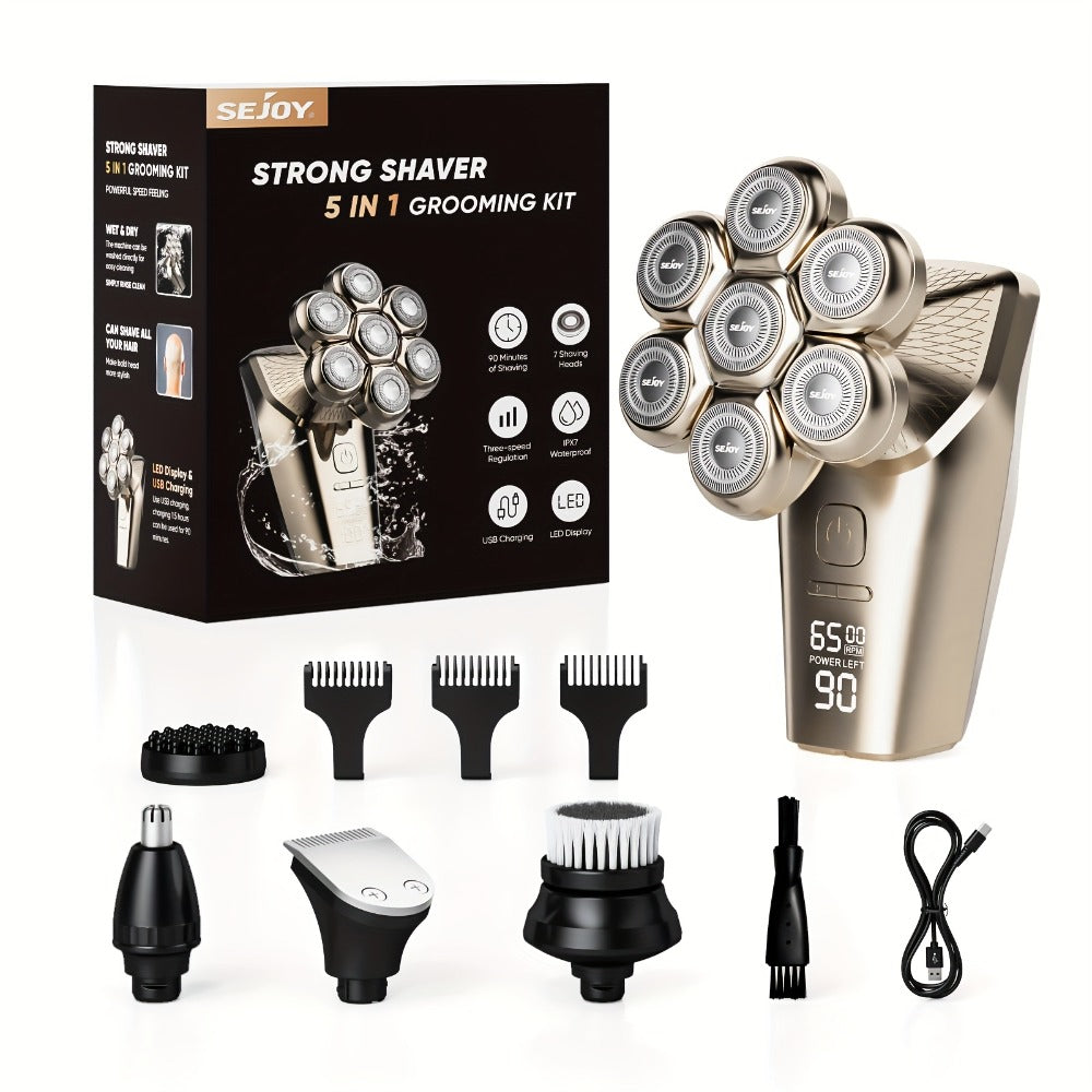 Head Shaver for Bald Men 7D Waterproof Wet Dry Electric Razor 5-in-1 Grooming Kit Type-C Rechargeable 6500-7500RPM Rotary Shaver with Nose Hair Trimmer
