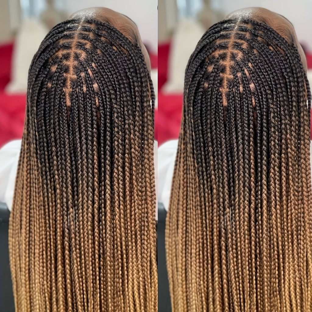 Brown Knotless Box Braid Wig - A Synthetic Lace Front Featuring Handmade Faux Locs, Offering a 360° HD Full Lace Design for Protective Styling And a Versatile Appearance Suitable for Women of Diverse Ethnic Backgrounds