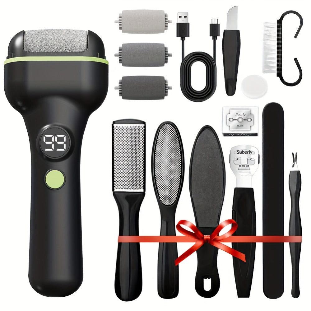 14-In-1 Rechargeable Electric Foot Grinder Kit, Professional Remover with 2 Speed Settings And 3 Interchangeable Rollers, Perfect Foot Scrubber for Hard, Cracked Skin