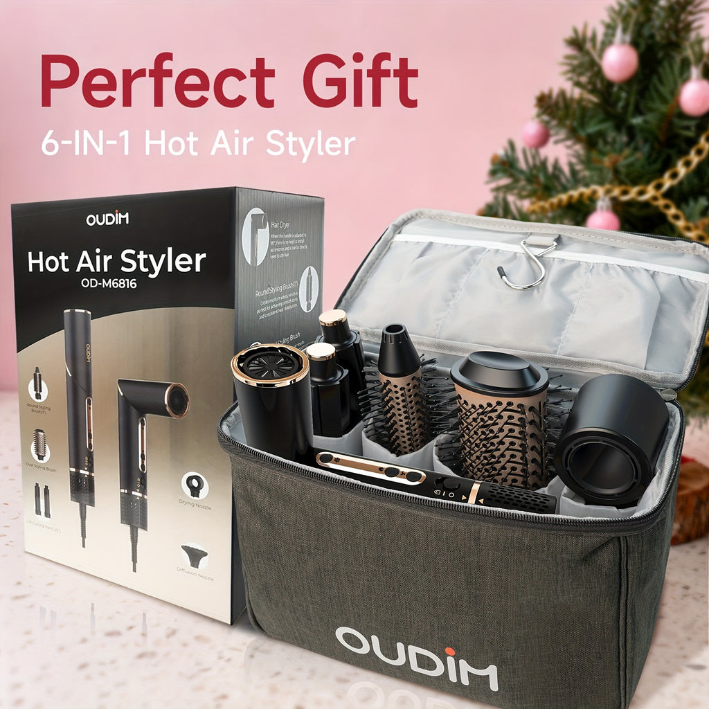 6-IN-1 Multi-Functional Hot Air Comb, Negative Ion Hair Dryer Brush And Styler, 110, 000 RPM High-speed, Frizz-free Hot Air for Rapid Drying, Air Styling Comb, Curling Iron, Straightener, Auto-winding Curling Rod, Foldable Handle, with A Storage Bag