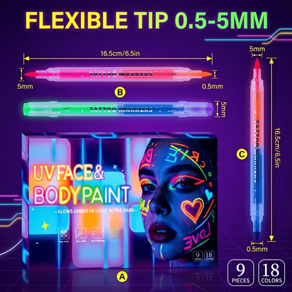 18-Color Face And Body Painting Pens And Reusable Stencil Set - Washable Doodle Makeup Pens, Erasable Glow Pens, This Neon Face Painting Pen for Parties, Commercial Events, Magic Shows, And Special Performances, Glow-In-The-Dark Body Painting