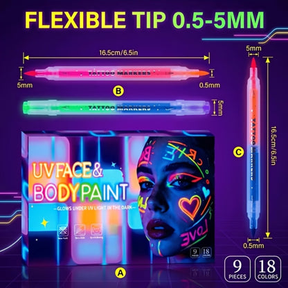 Face Body Paint Pens 18 Colors with Reusable Stencils - Washable Neon Glow in the Dark Makeup Pens for Parties Events Magic Shows Performances Body Art