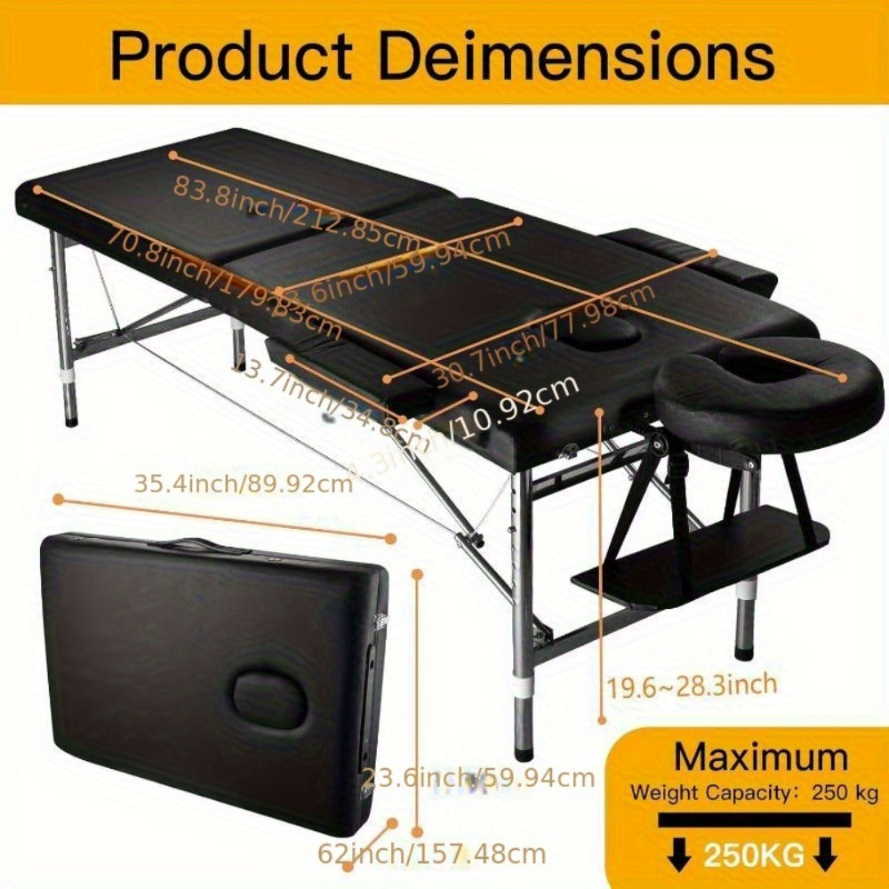 Massage Table Portable Adjustable 24" Wide Black Aluminum 3-Folding Spa Bed, Ideal for Tattoo Chair, Lash Bed, and Esthetician Massage Bed for Professionals Massage Tables Portable