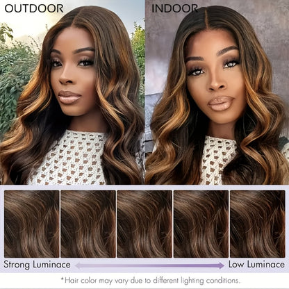 Human Hair Lace Front Wig 200% Density Brown Highlights — Pre-Plucked Glueless Long Wavy Black Brown Highlighted Wig, Heat Friendly 12"-32" Everyday Wear