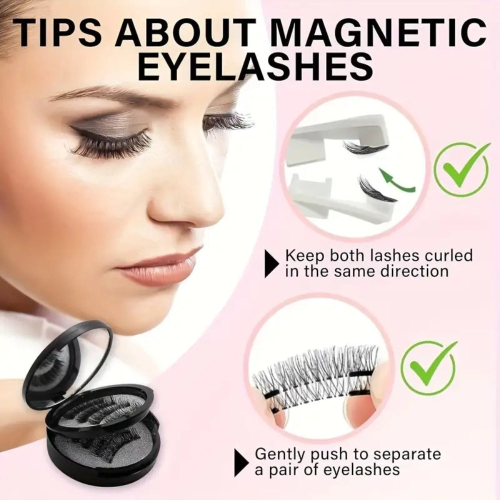 8pcs Natural Glue-3D False Eyelashes(One Box)- Reusable Double Magnetic False Eyelashes Set with Clips, Reusable, Waterproof, Glue, Easy to Wear, Women